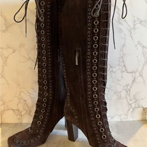 Sz 9.5 Dolce & Gabana Brown Lace-Up Knee-High Boots